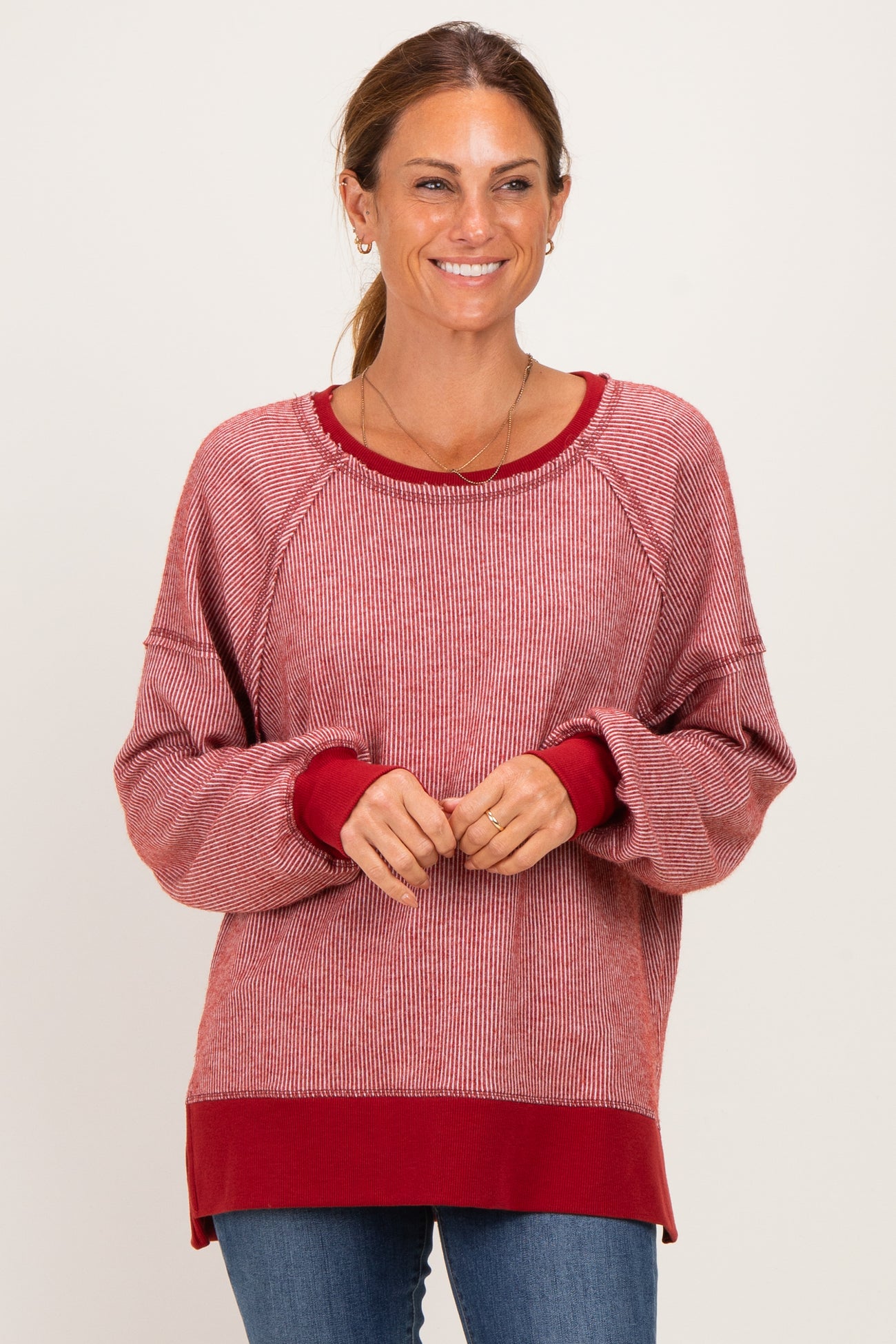 Burgundy Two Tone Oversized Thermal Knit Maternity Top