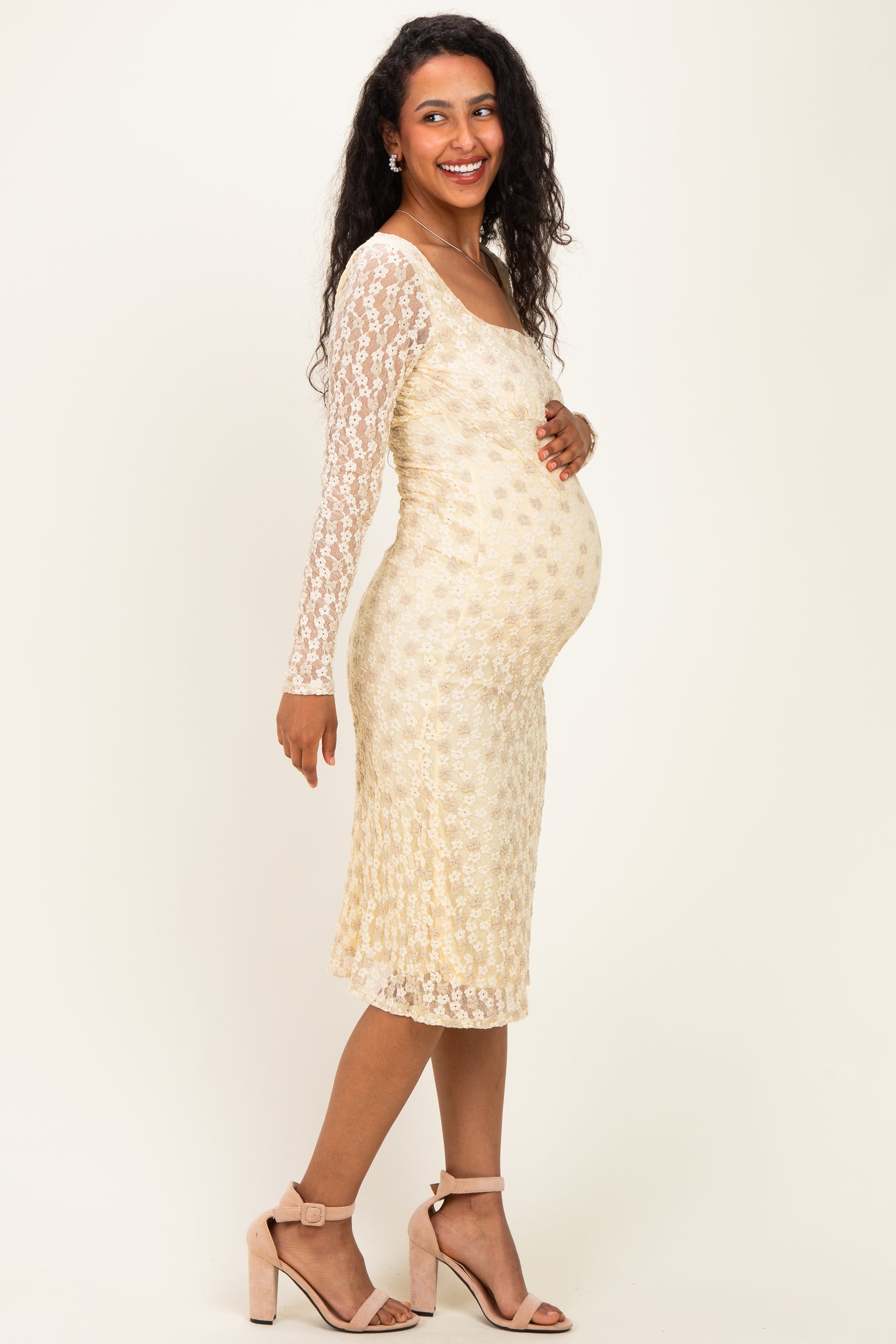 Cream Floral Lace Long Sleeve Square Neck Maternity Midi Dress