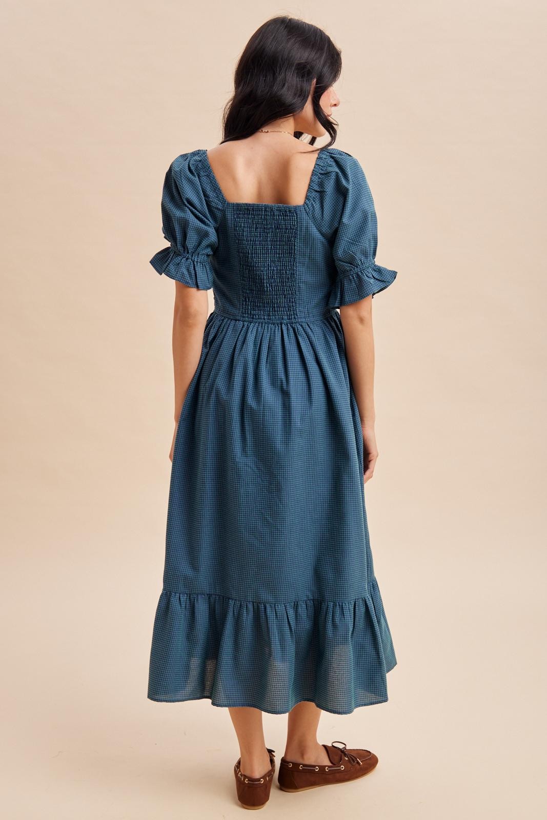 Deep Teal Gingham Square Neck Midi Dress