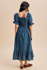 Deep Teal Gingham Square Neck Midi Dress