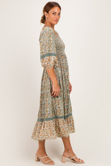 Sage Floral Lace Trim Smocked Midi Dress