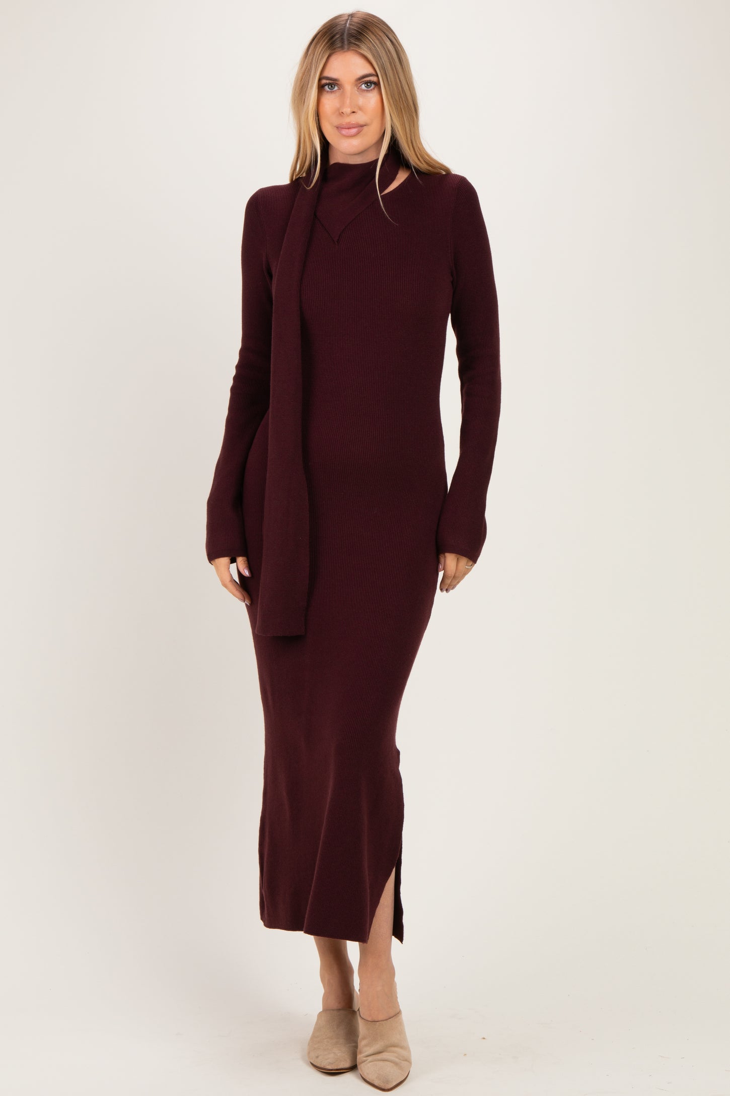 Burgundy Ribbed Knit Scarf Midi Dress