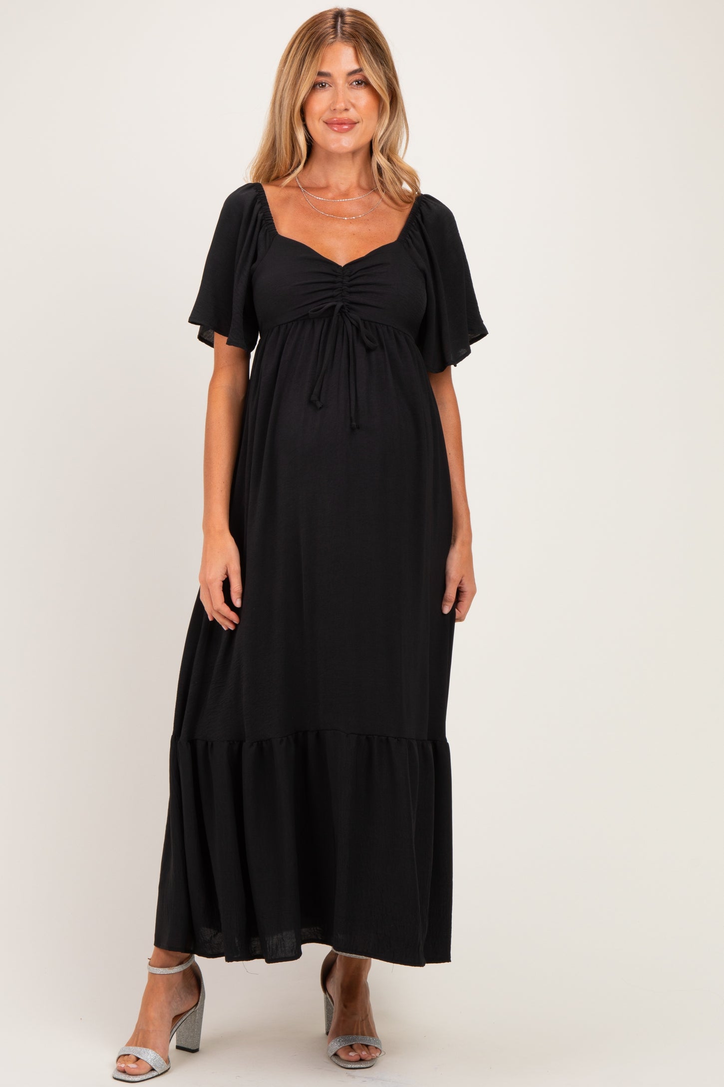 Black Flutter Sleeve Ruffle Hem Maternity Maxi Dress