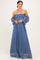woman wearing a blue off-the-shoulder maxi dress with lace details and flared sleeves
