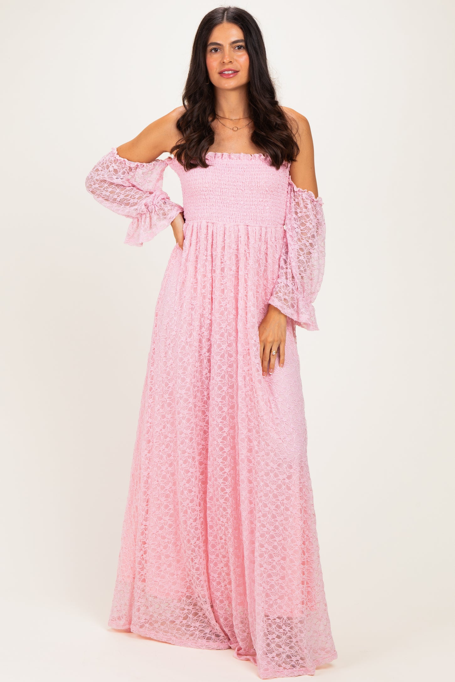 Pink Lace Off Shoulder Long Sleeve Maternity Dress