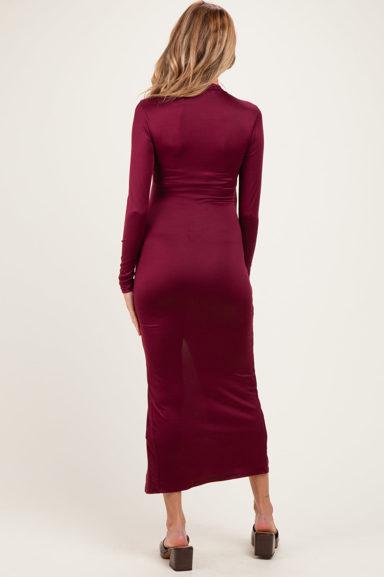 Burgundy Mock Neck Front Slit Long Sleeve Maternity Maxi Dress