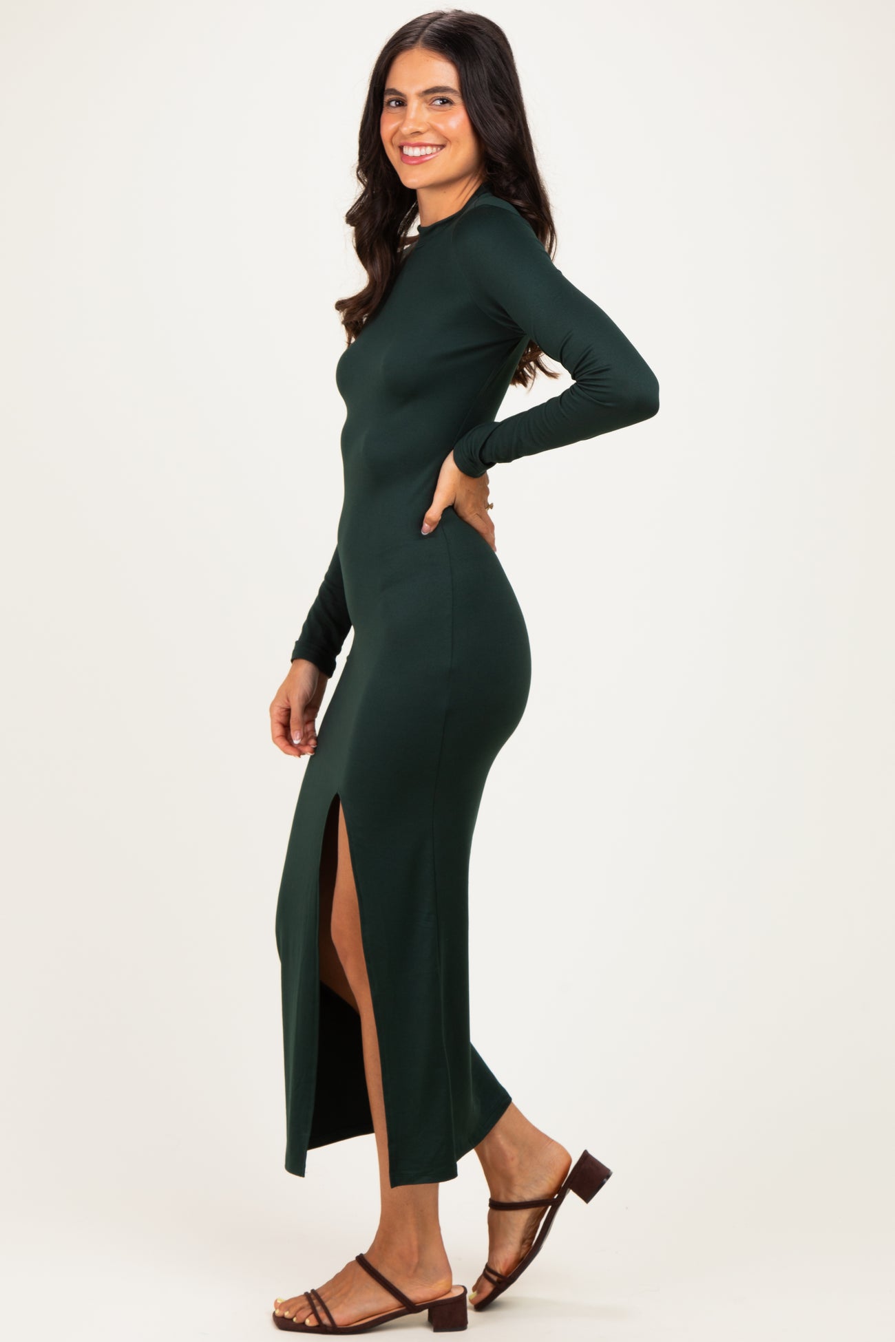 Hunter Green Mock Neck Front Slit Long Sleeve Maxi Dress