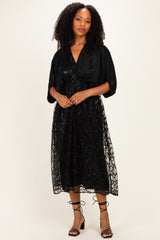 Black Embroidered Tulle Dolman V-Neck Maternity Midi Dress