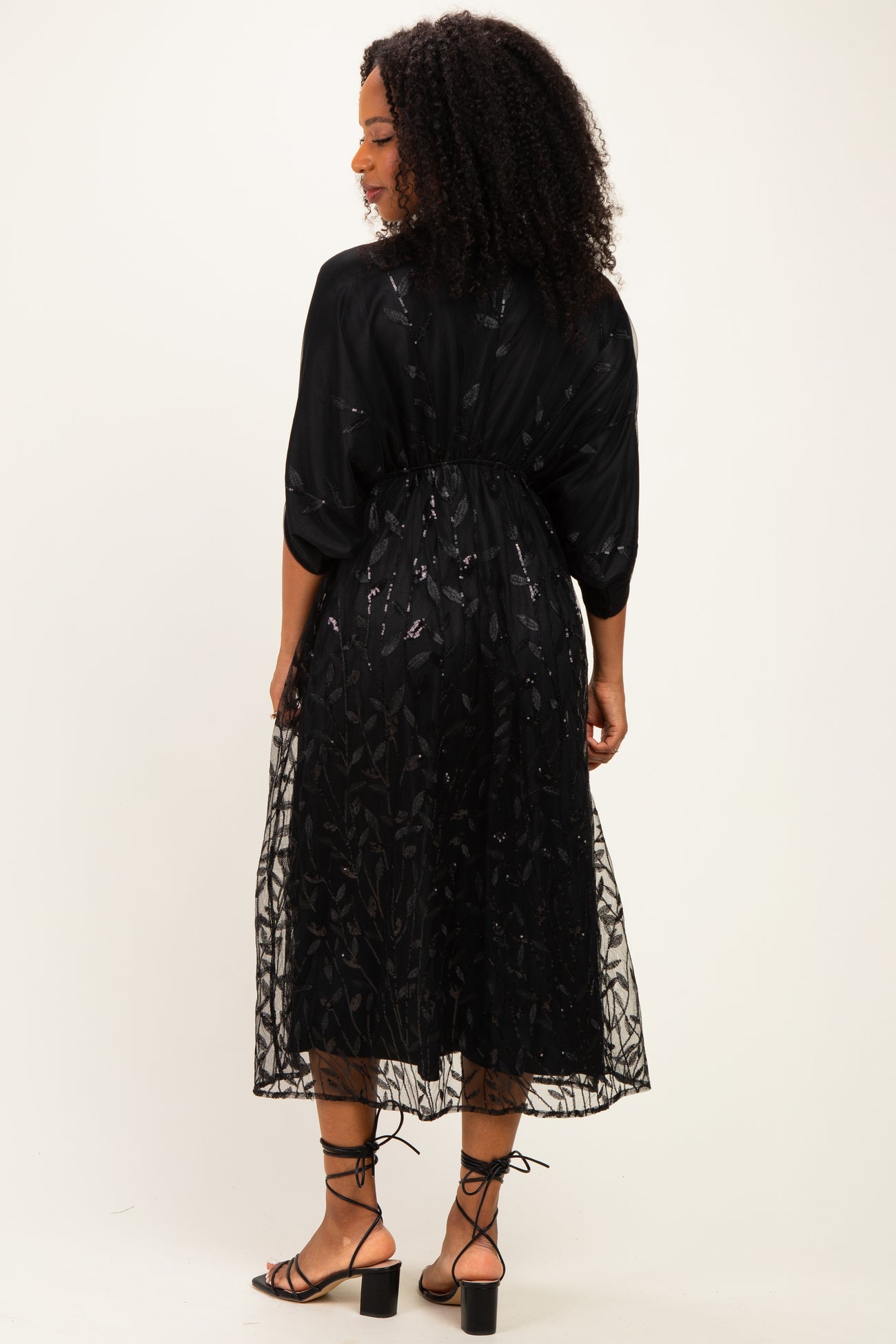 Black Embroidered Tulle Dolman V-Neck Midi Dress
