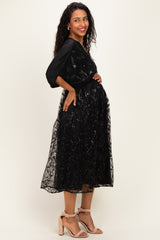 Black Embroidered Tulle Dolman V-Neck Maternity Midi Dress