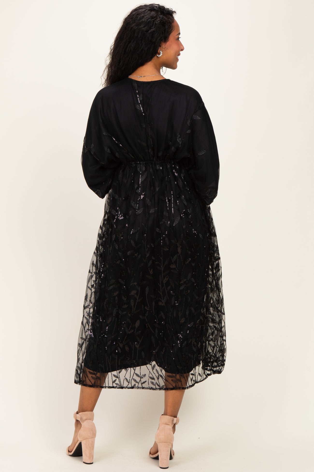 Black Embroidered Tulle Dolman V-Neck Maternity Midi Dress