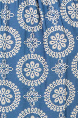 light blue maternity dress with white geometric pattern and relaxed fit