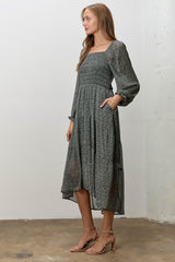 Hunter Green Floral Smocked Long Sleeve Midi Dress
