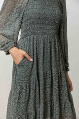 Hunter Green Floral Smocked Long Sleeve Midi Dress