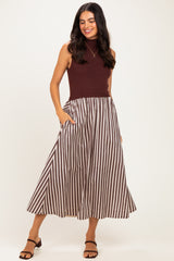 Brown Sleeveless Mock Neck Contrast Striped Skirt Maternity Midi Dress