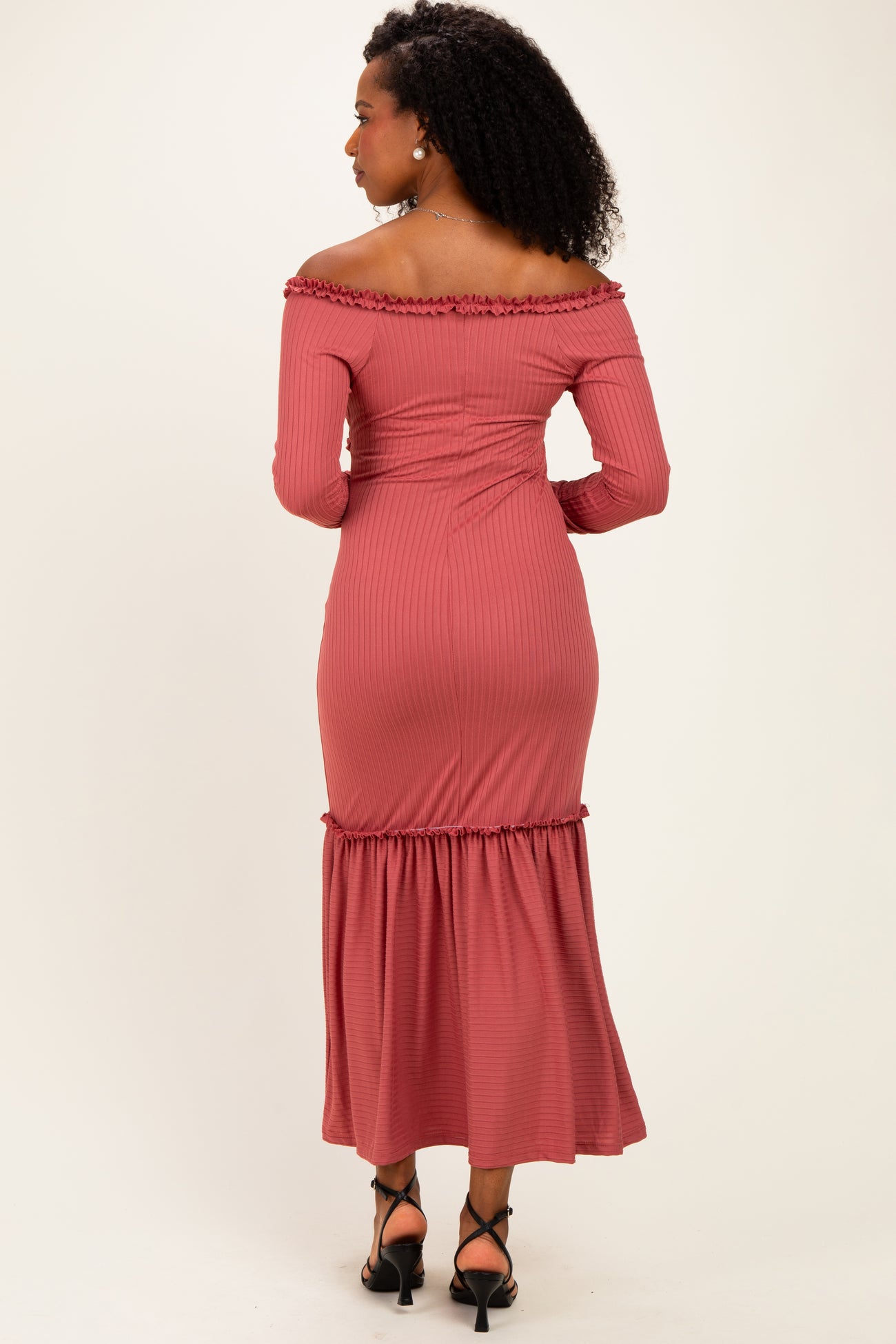 Mauve Ribbed Long Sleeve Ruffle Trim Off Shoulder Maxi Dress