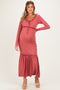 Mauve Ribbed Long Sleeve Ruffle Trim Off Shoulder Maternity Maxi Dress