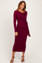 Burgundy Long Sleeve Knotted Waist Maxi Dress