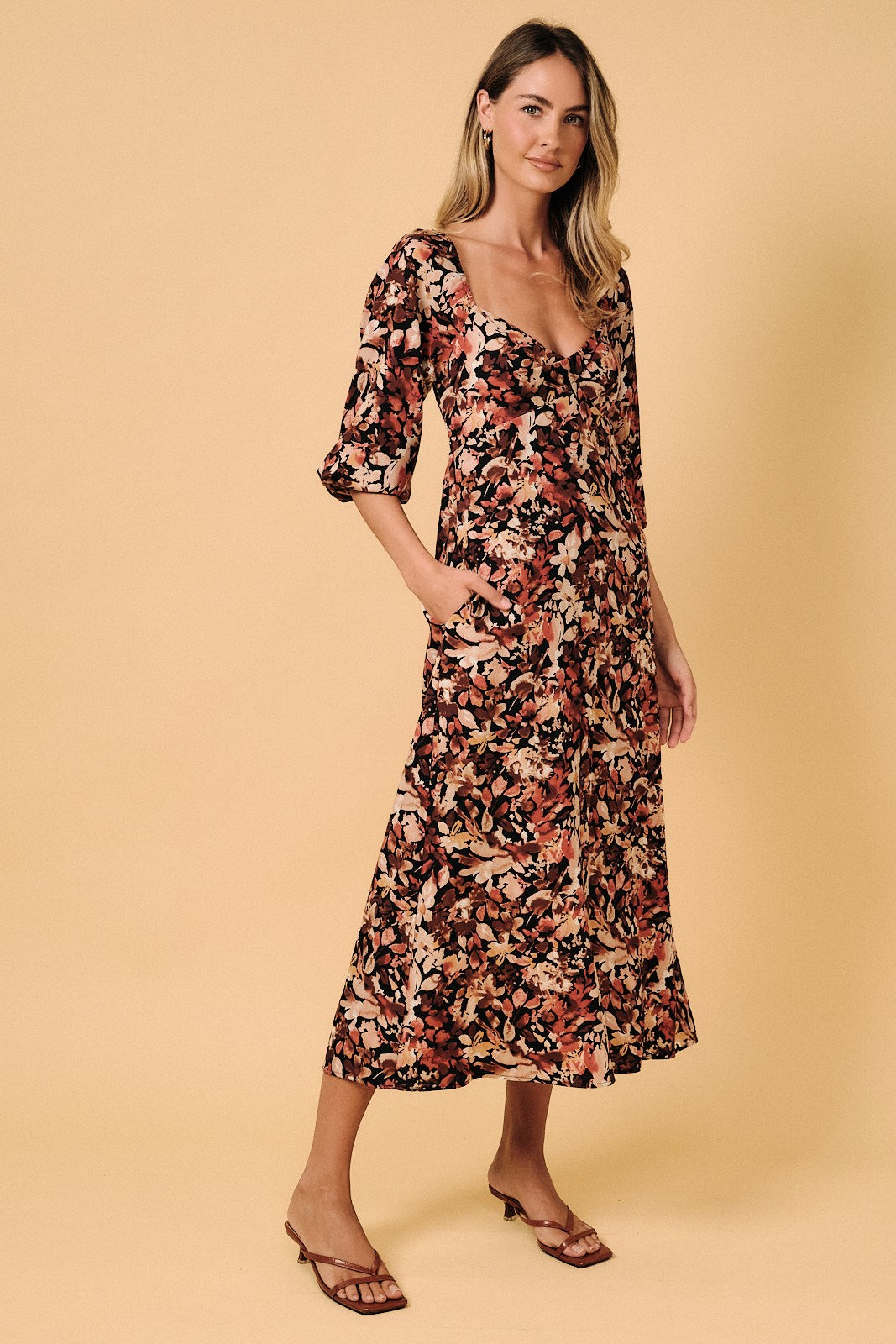 Black Floral 3/4 Sleeve Twist Front Midi Dress