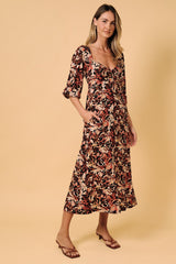 Black Floral 3/4 Sleeve Twist Front Midi Dress