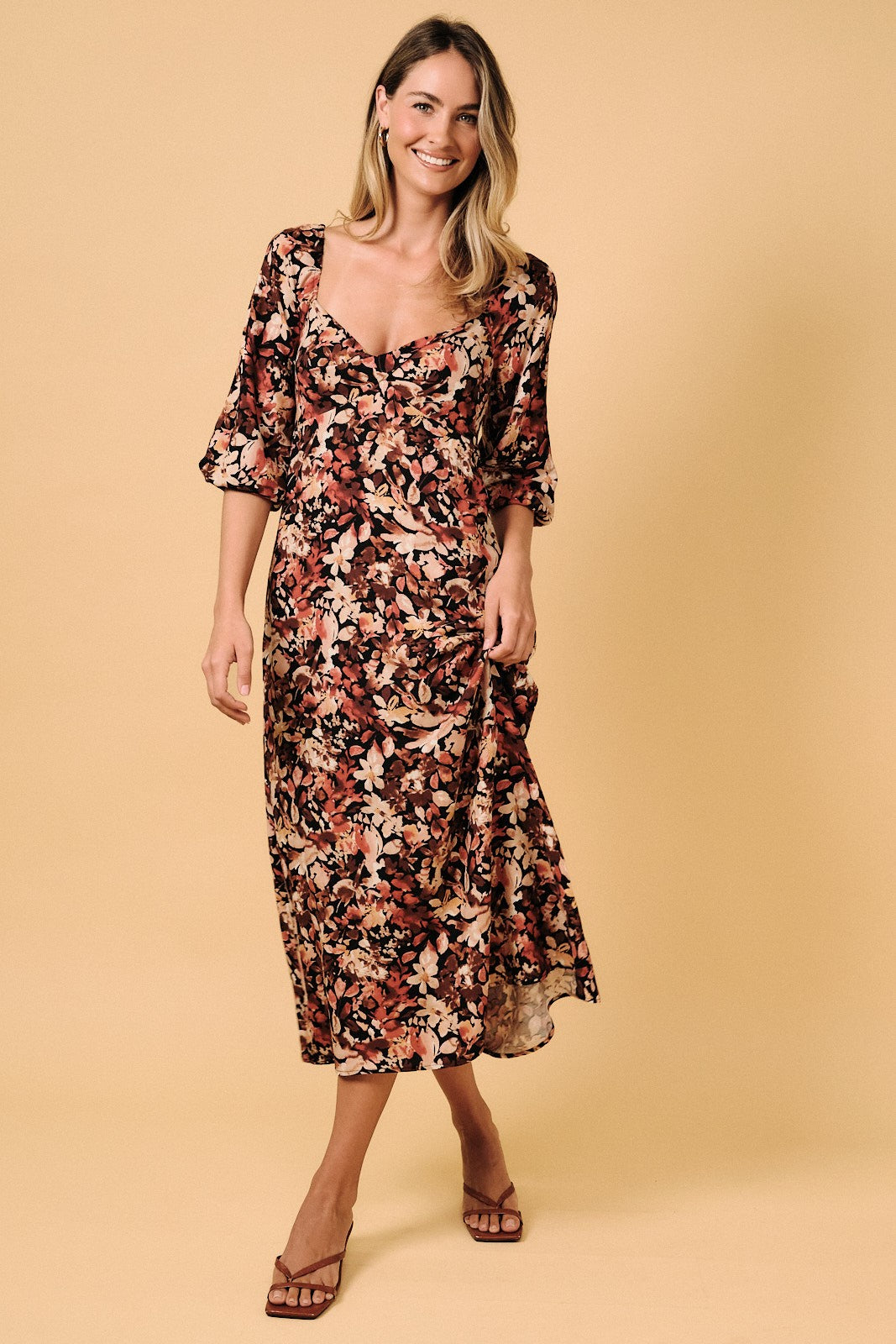 Black Floral 3/4 Sleeve Twist Front Midi Dress
