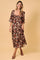 Black Floral 3/4 Sleeve Twist Front Midi Dress