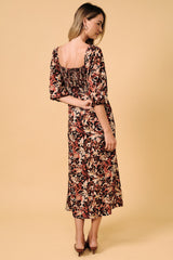 Black Floral 3/4 Sleeve Twist Front Midi Dress