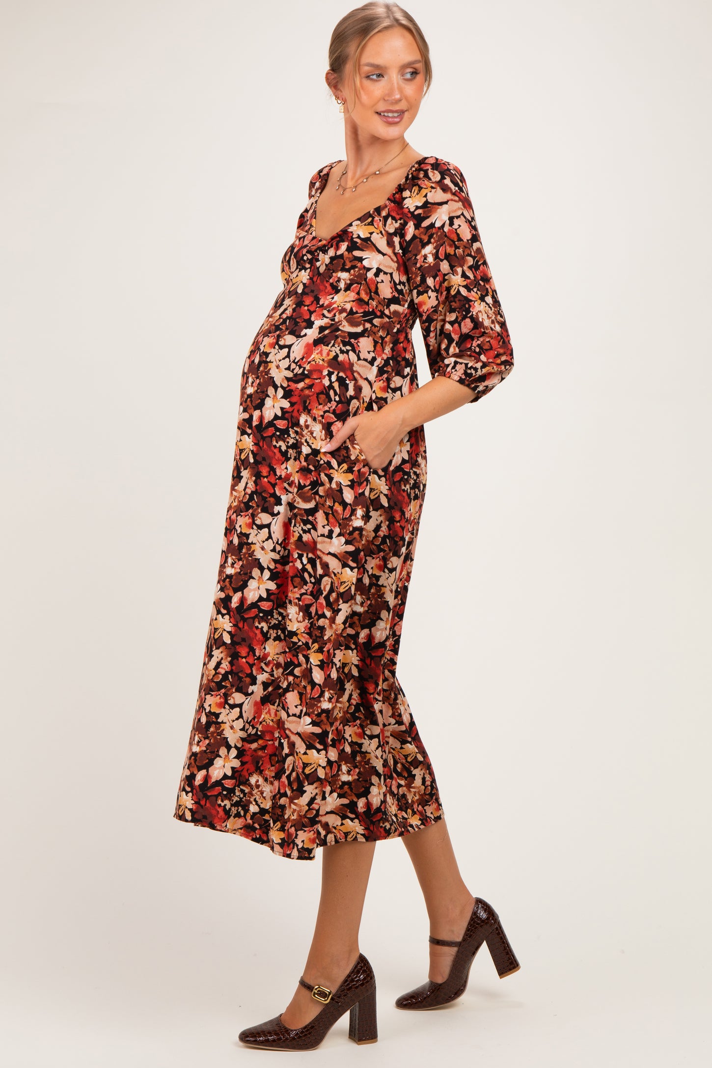 Black Floral 3/4 Sleeve Twist Front Maternity Midi Dress