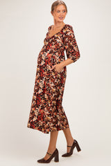 Black Floral 3/4 Sleeve Twist Front Maternity Midi Dress