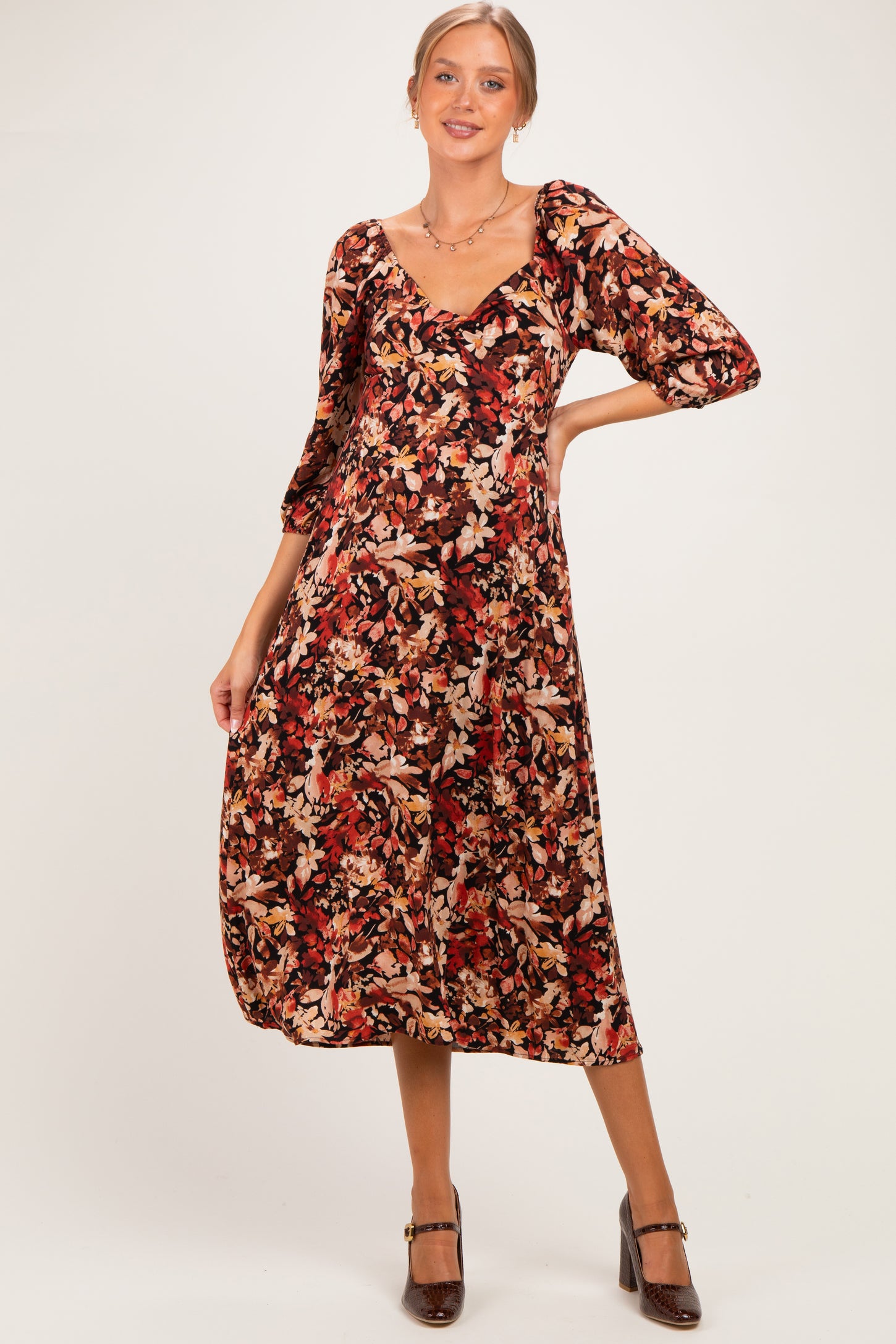 Black Floral 3/4 Sleeve Twist Front Maternity Midi Dress