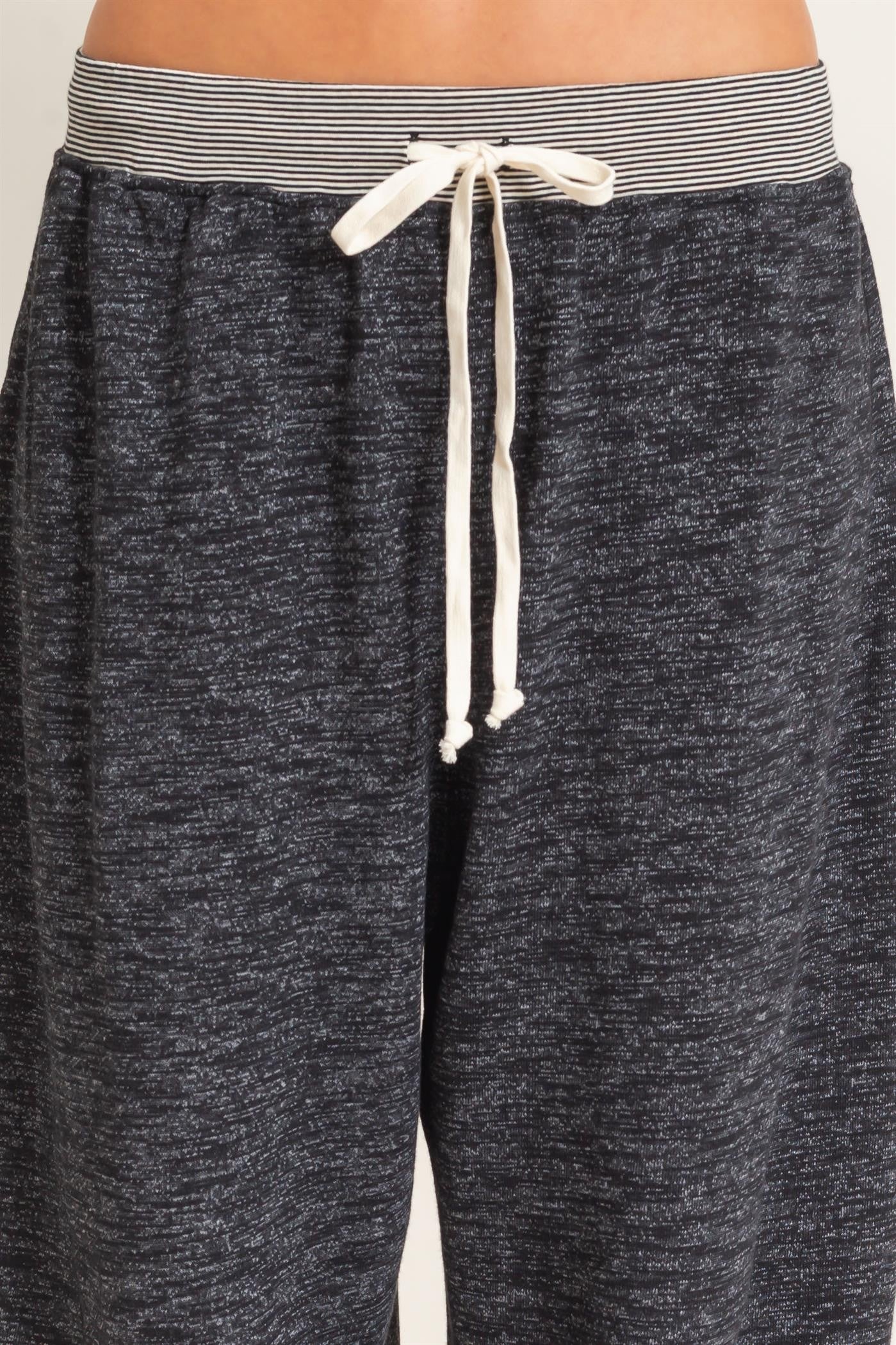 gray lounge pants with a drawstring waist and striped waistband detail