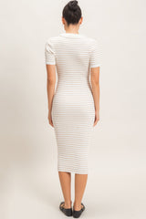 woman wearing a fitted cream and beige checkered midi dress with short sleeves, viewed from the back