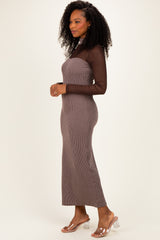 Brown Ribbed Knit Mock Neck Long Sleeve Maxi Dress