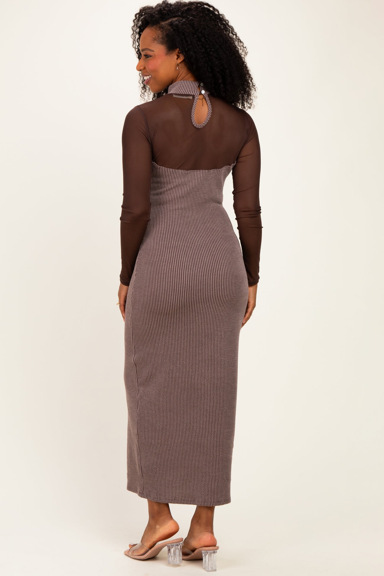Brown Ribbed Knit Mock Neck Long Sleeve Maxi Dress