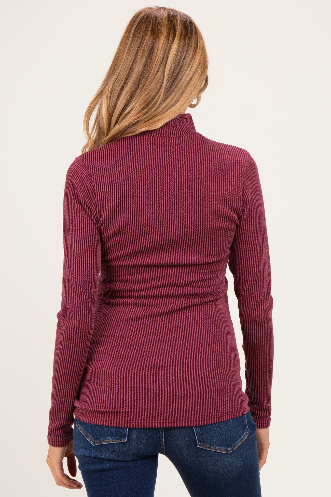 Burgundy Ribbed Fitted Mock Neck Long Sleeve Maternity Top