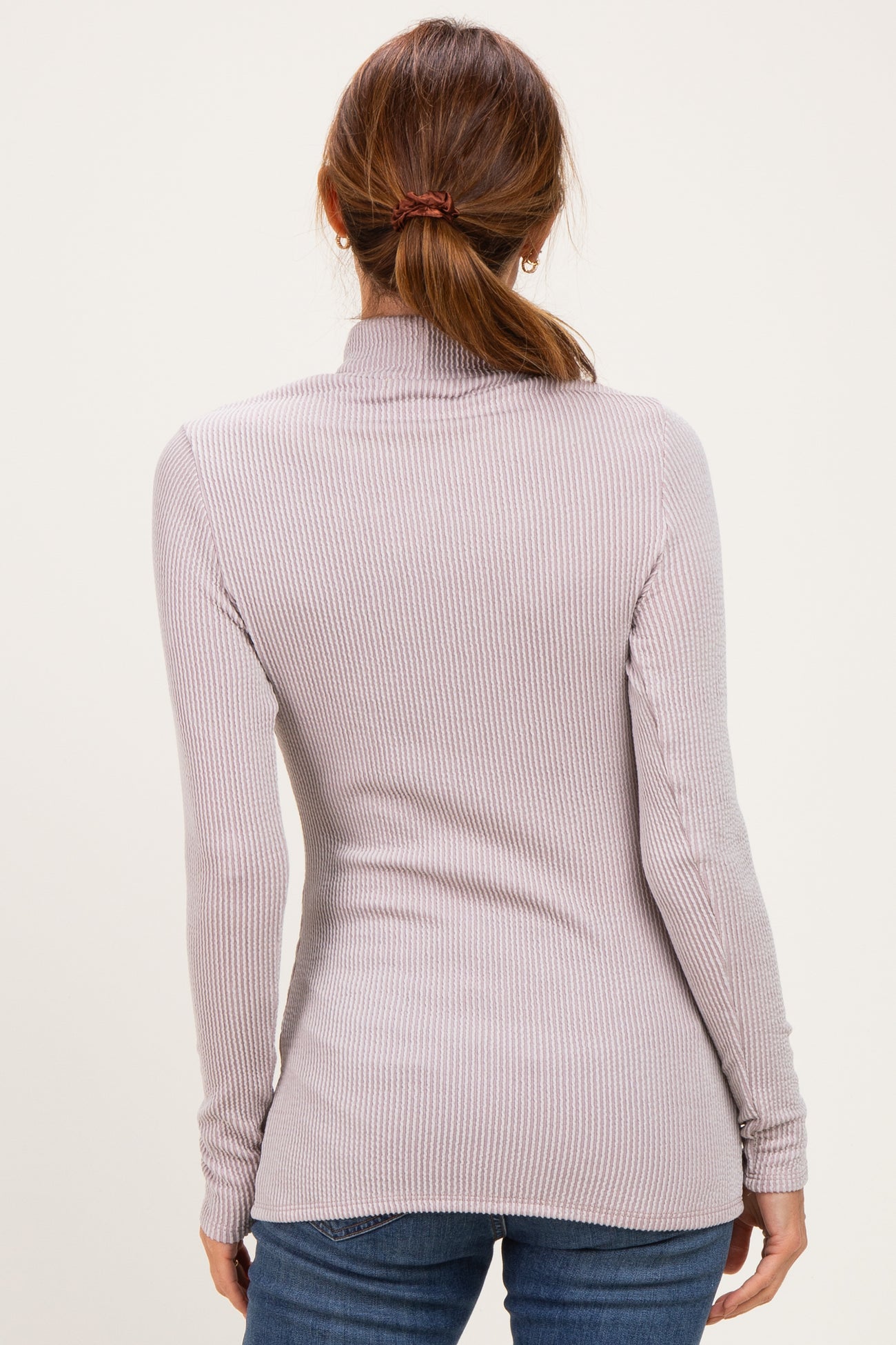 Beige Ribbed Fitted Mock Neck Long Sleeve Top