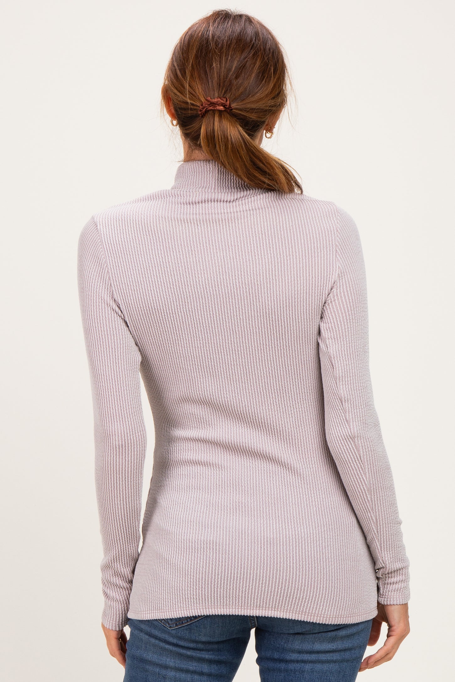 Beige Ribbed Fitted Mock Neck Long Sleeve Top