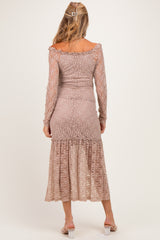 Mocha Off Shoulder Long Sleeve Boho Maternity Maxi Dress