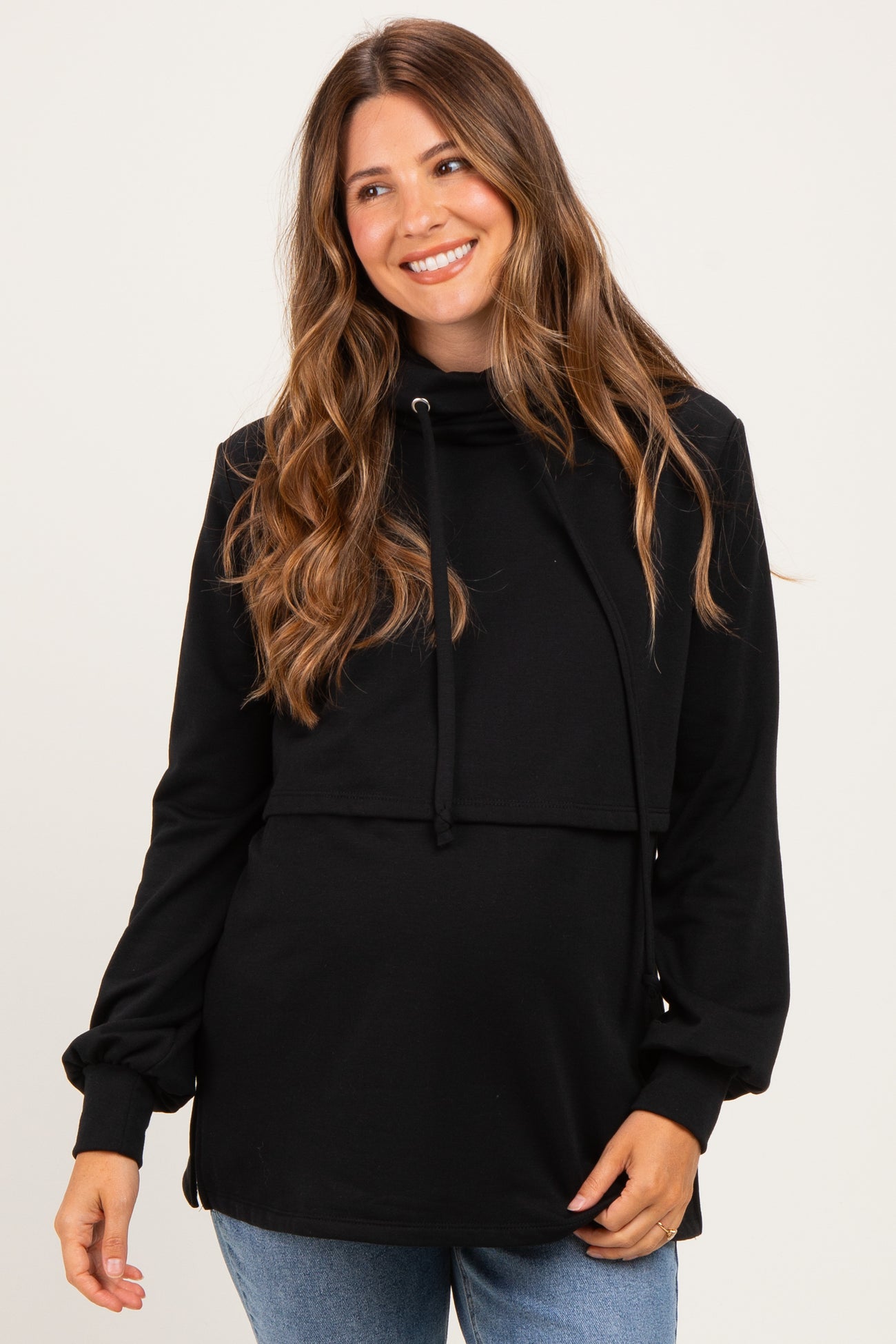 Black Long Sleeve Drawstring Hooded Maternity Pullover