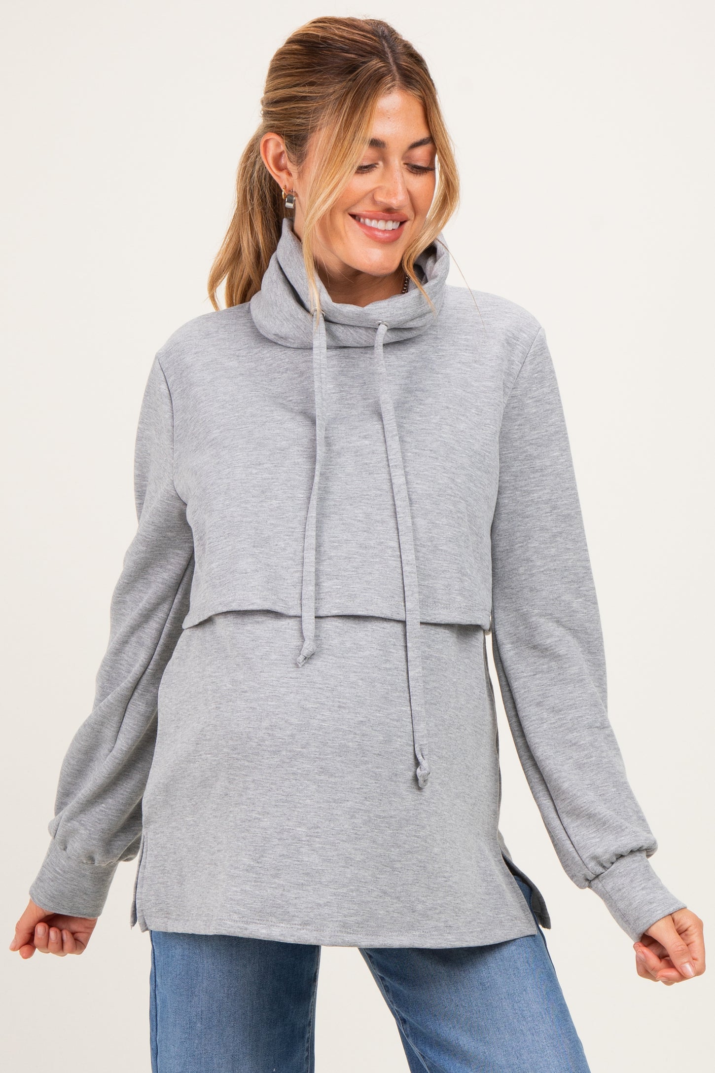 Gray Long Sleeve Drawstring Hooded Maternity Pullover