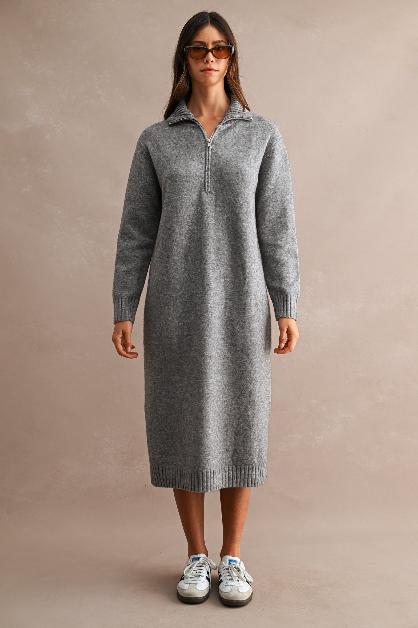 Grey Half-Zip Collar Side Slit Maternity Midi Sweater Dress