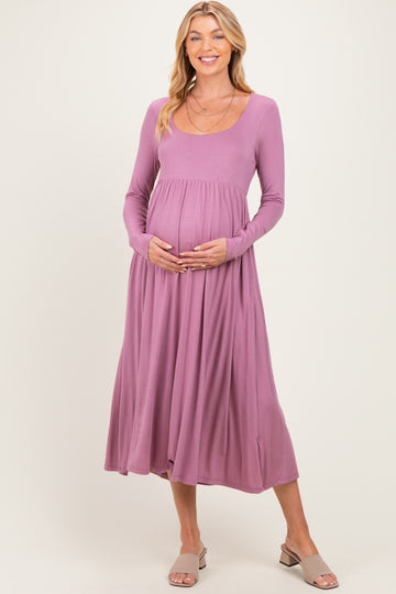 Mauve Lavender Long Sleeve Scoop Neck Maternity Maxi Dress