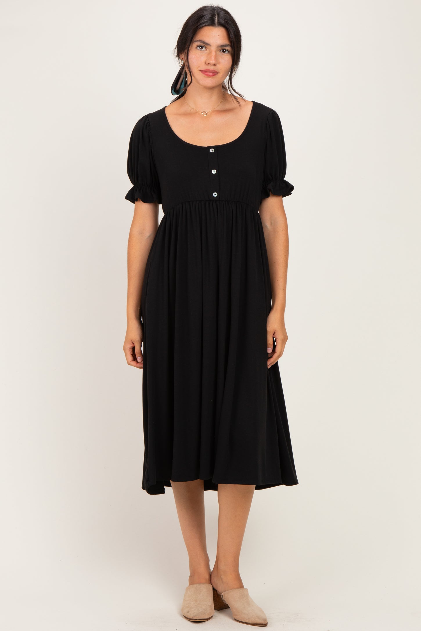 Black Button Front Short Ruffle Sleeve Maternity Midi Dress