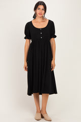 Black Button Front Short Ruffle Sleeve Maternity Midi Dress