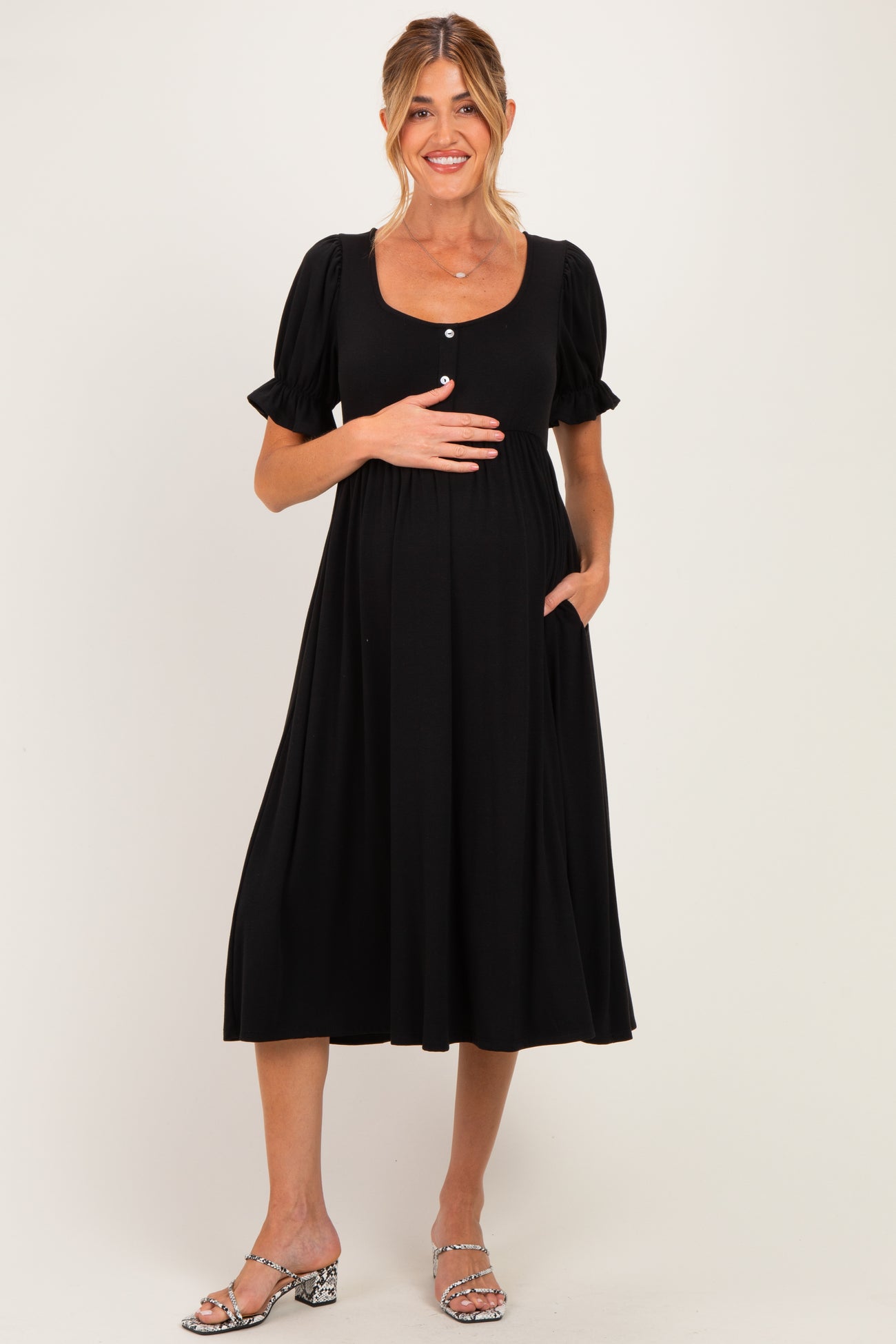 Black Button Front Short Ruffle Sleeve Maternity Midi Dress