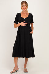 Black Button Front Short Ruffle Sleeve Maternity Midi Dress