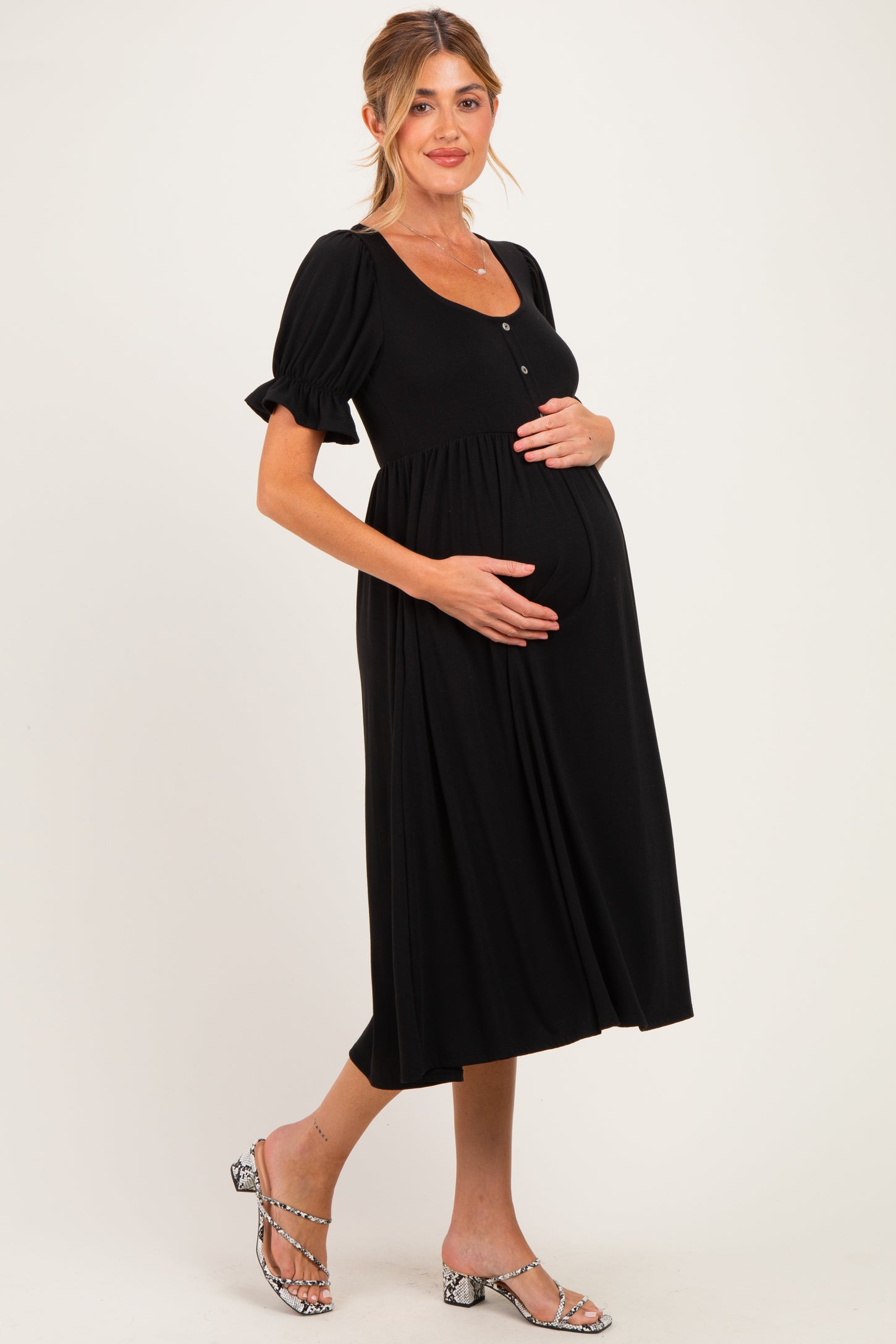 Black Button Front Short Ruffle Sleeve Maternity Midi Dress