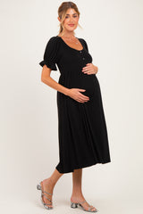 Black Button Front Short Ruffle Sleeve Maternity Midi Dress