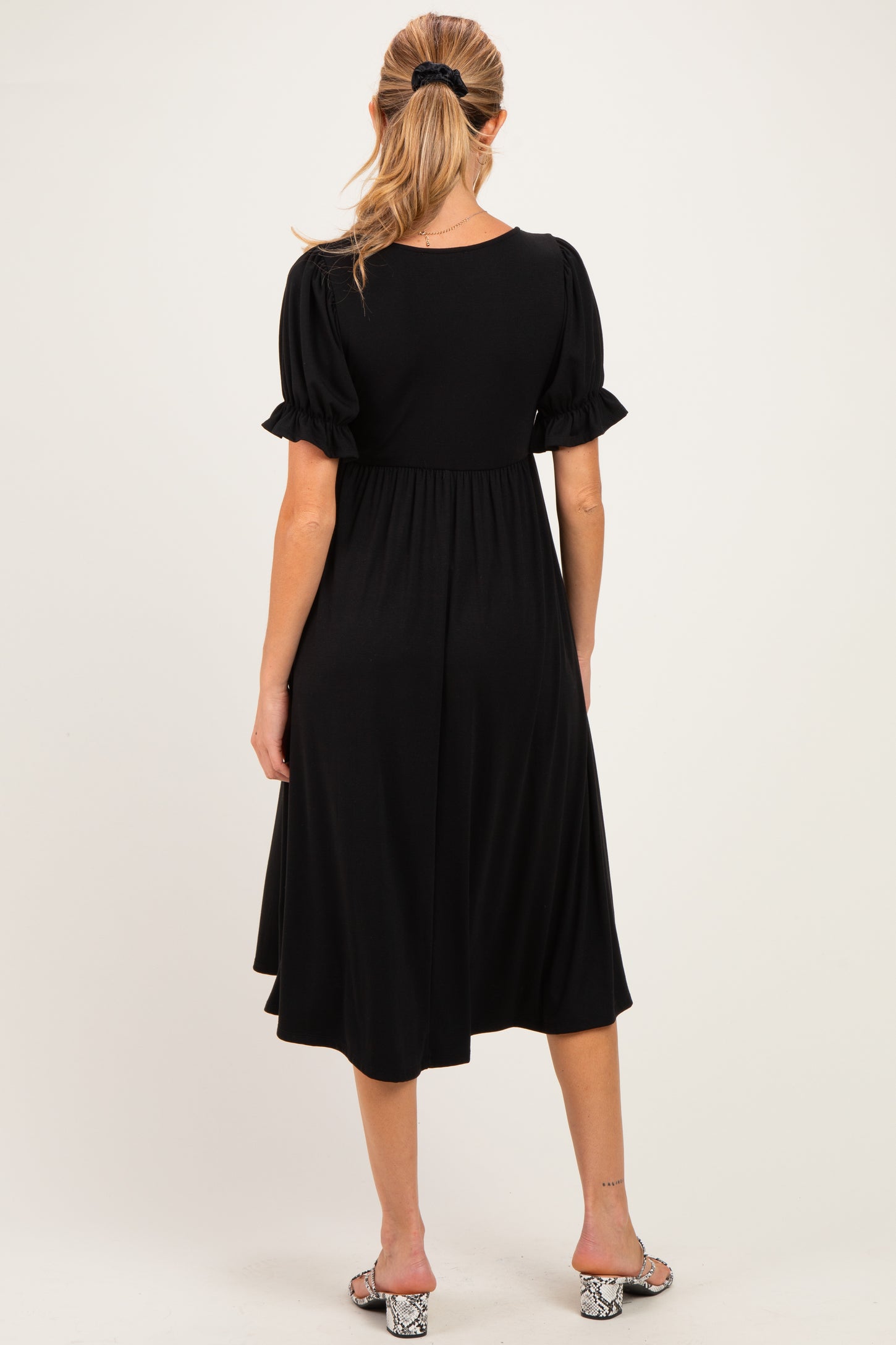 Black Button Front Short Ruffle Sleeve Maternity Midi Dress