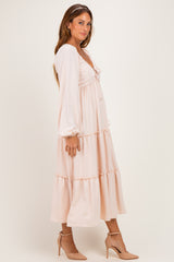 Beige Tiered Long Sleeve V-Neck Maxi Dress